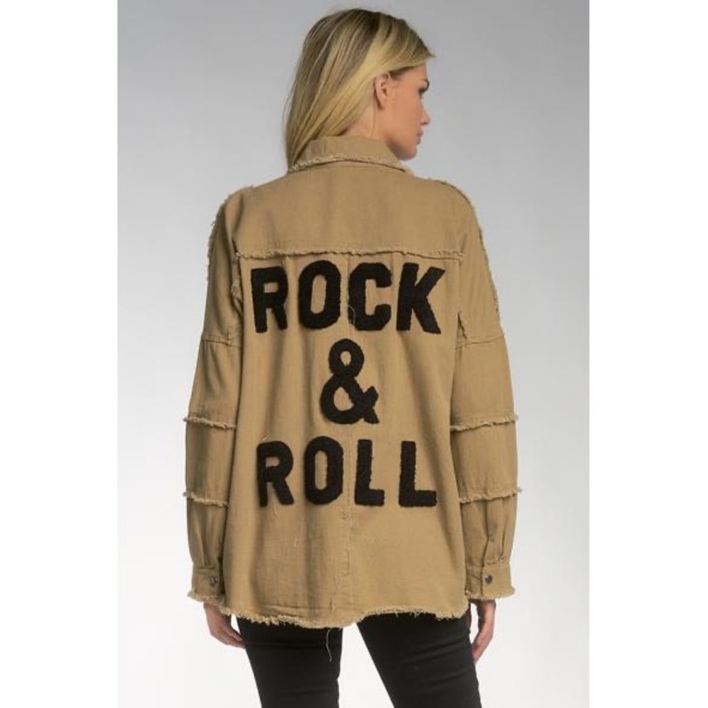 Elan Devan Rock & Roll Frayed Graphic Shacket Camel Distressed Shirt Jacket M